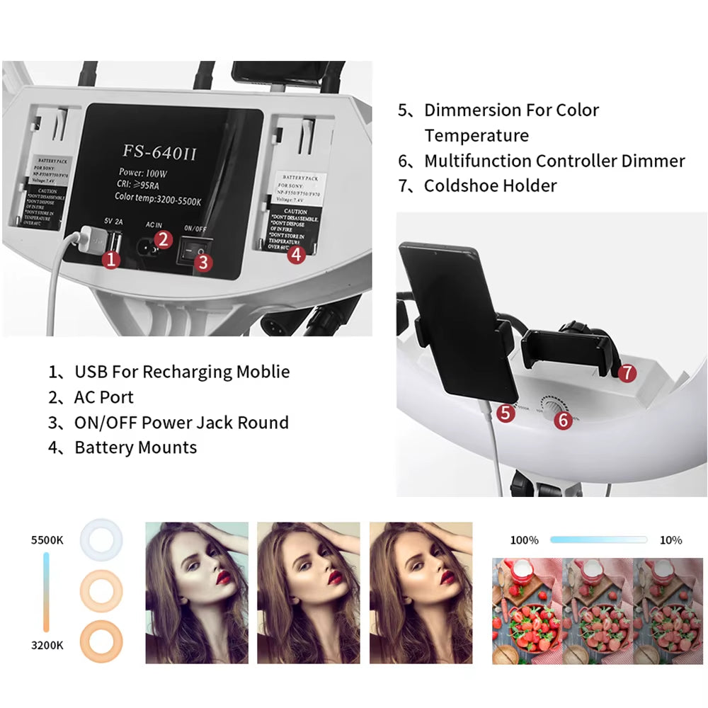 Professional 22Inch Led Ring Lamp with Tripod 100W  FS640II Ring Lights for Makeup Tattoo Video Photo Studio Stream CRI95