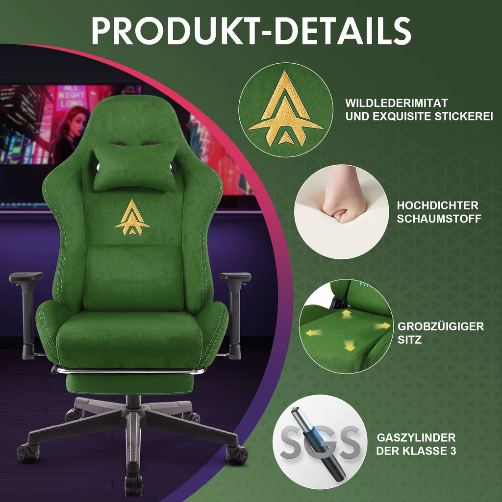 New Massage Gaming Chair Green Gaming Chair with Foot Pedal and Massage Lumbar Pillow Ergonomic Gaming Chair Suede Leather Chair