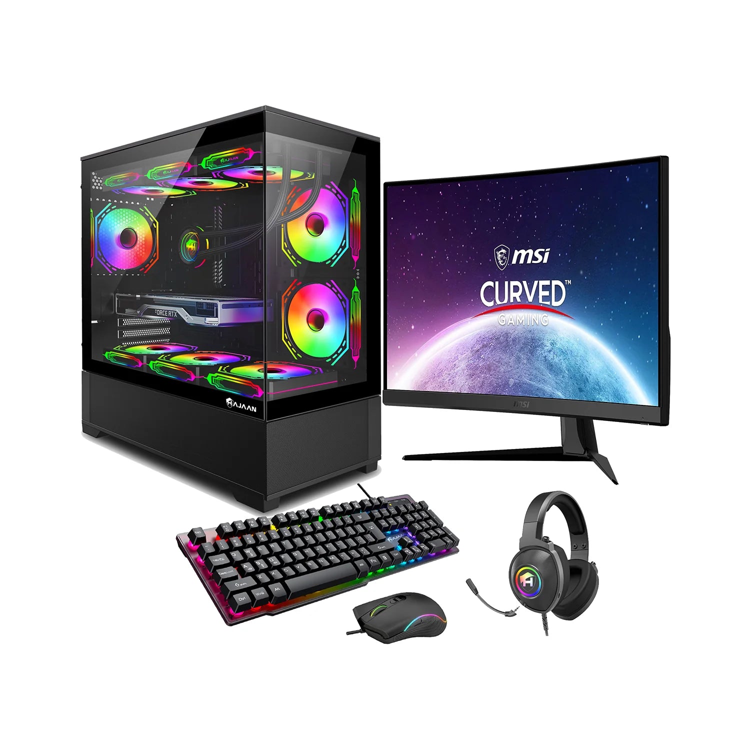HAJAAN Superx Liquid Cooled Gaming PC Tower Desktop - MSI 27-Inch Curved Gaming Monitor Combo - 32GB DDR4 RAM - 1TB Nvme SSD - Wifi 6 - Bluetooth - Windows 11 Pro